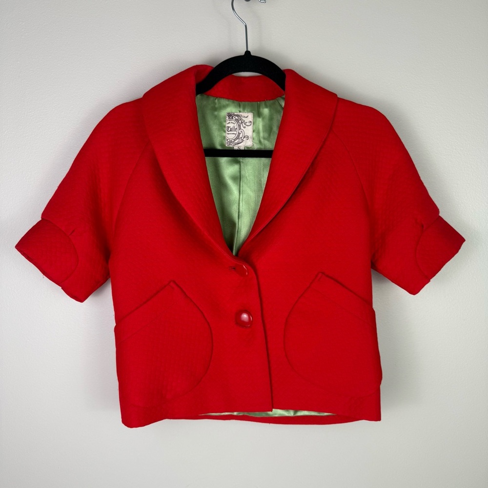Tulle Red Short Sleeve Cropped Jacket Blazer Textured Retro Style Size Small